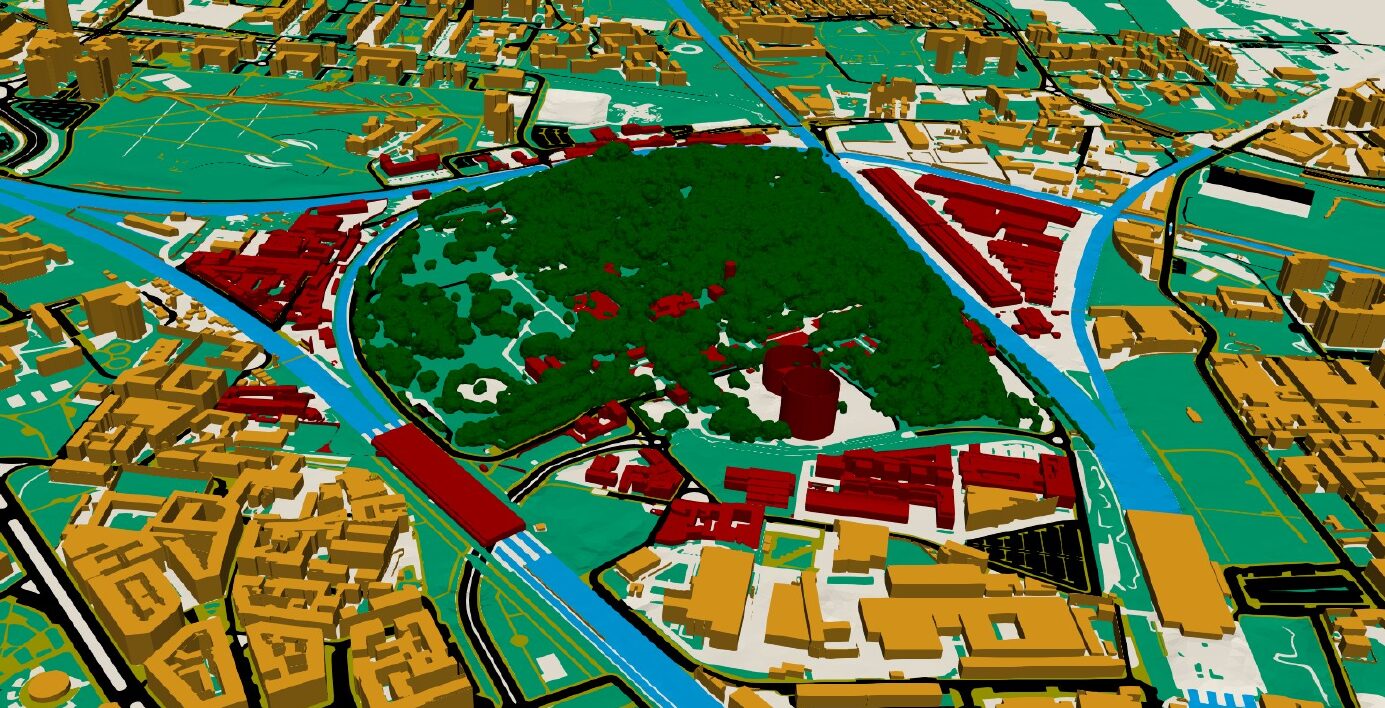 3D urban model of La Goccia park in Milan with ground, trees and buildings reconstructed from LiDAR