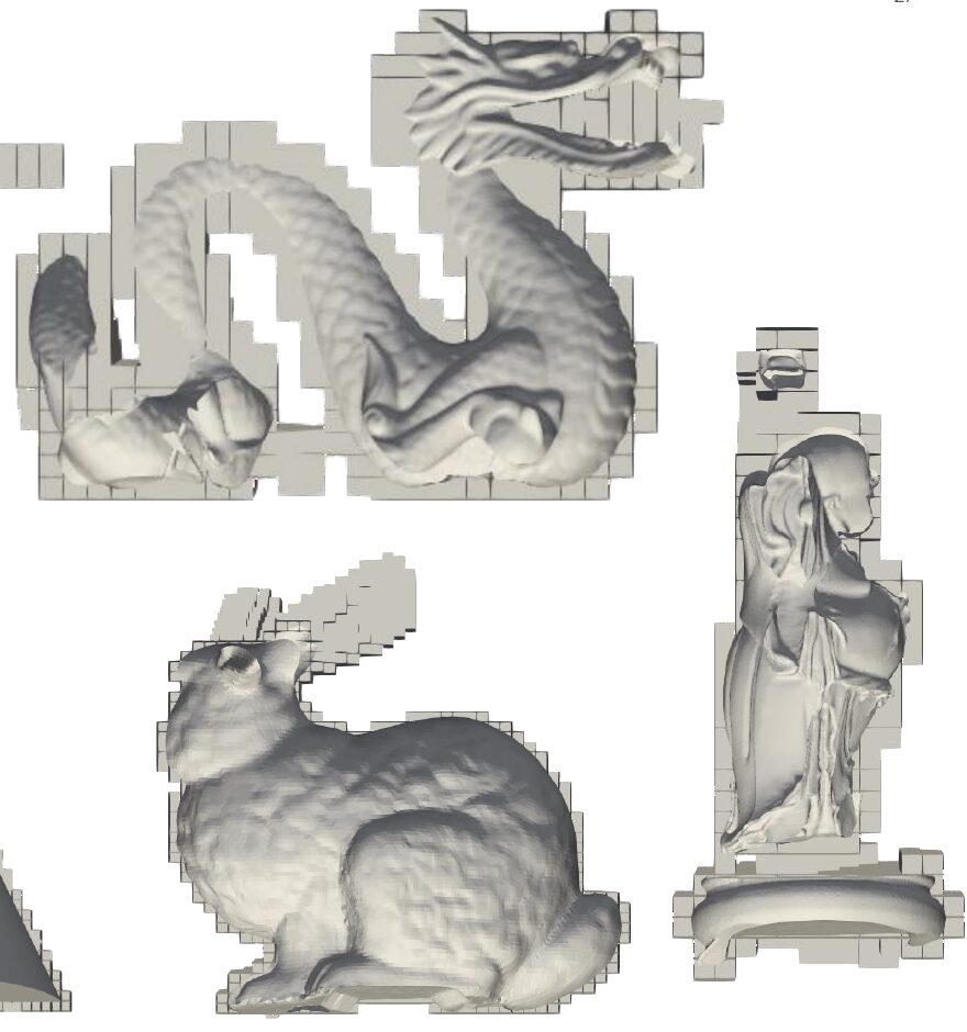 Cut-cell meshes generated by cutMesh around classic 3D test models: a dragon, a bunny, a statue and a cone