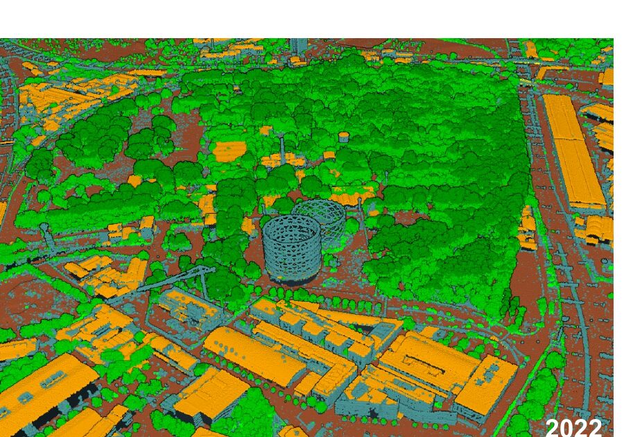 Classified LiDAR point cloud of La Goccia: vegetation in green, buildings in orange, ground in brown