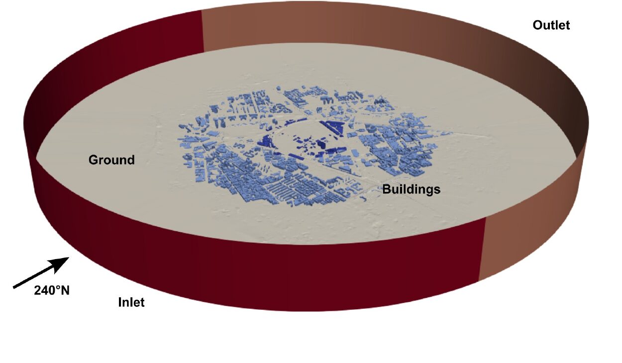 Cylindrical computational domain of the Milan district with buildings on the ground