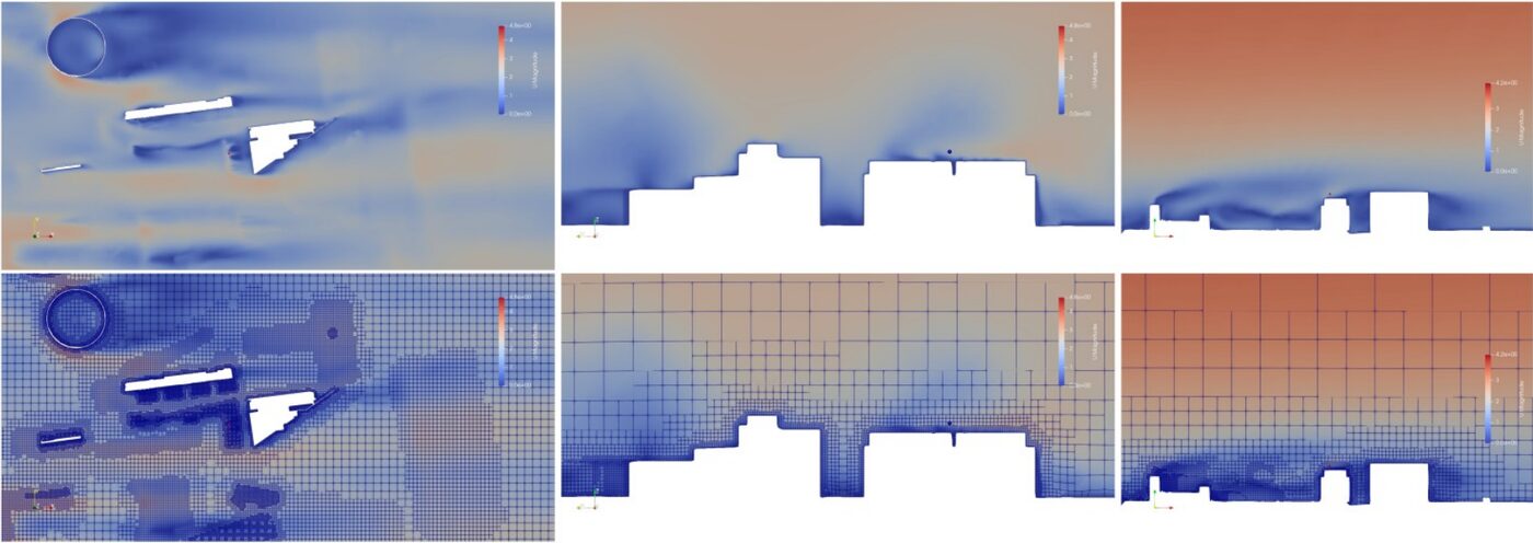 Wind speed fields around buildings: top, front and side views, with and without the mesh